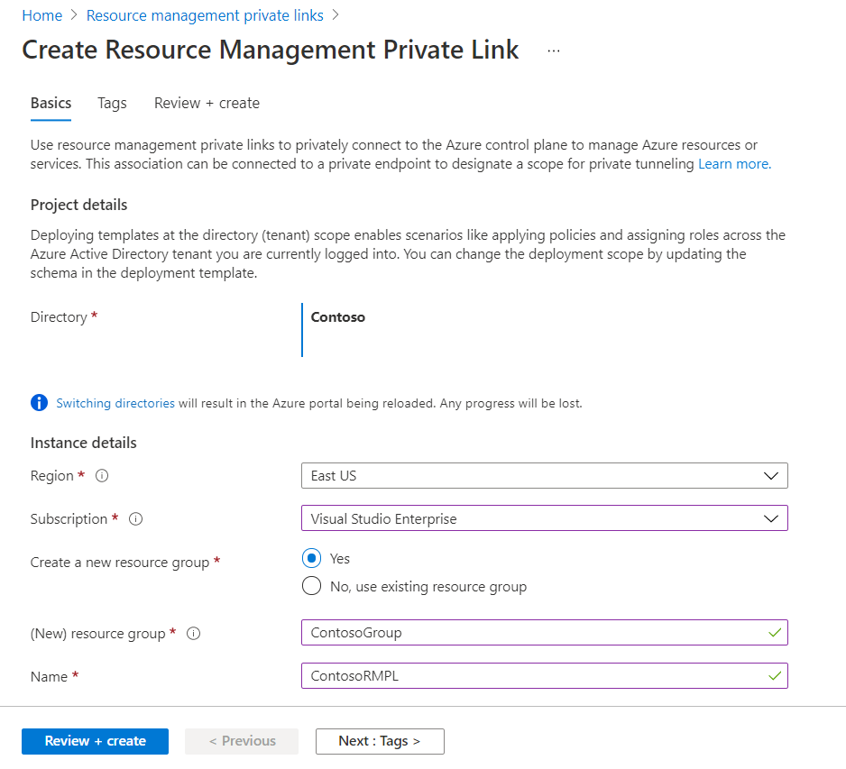 Snímek obrazovky webu Azure Portal s poli pro zadání hodnot pro nový privátní odkaz správy prostředků