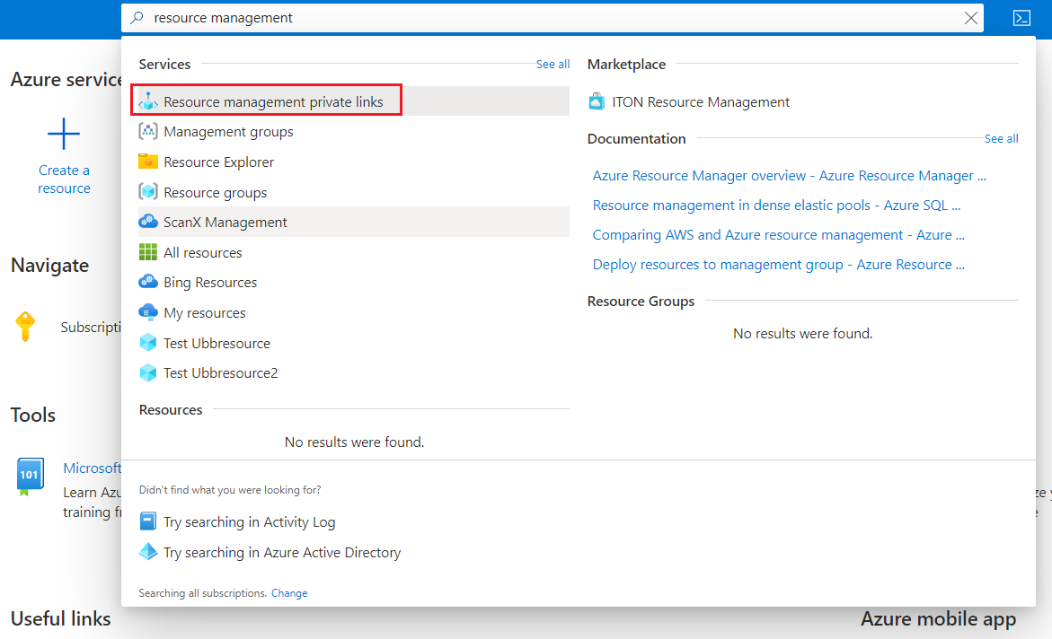 Snímek obrazovky vyhledávacího panelu webu Azure Portal se zadaným textem Správa prostředků