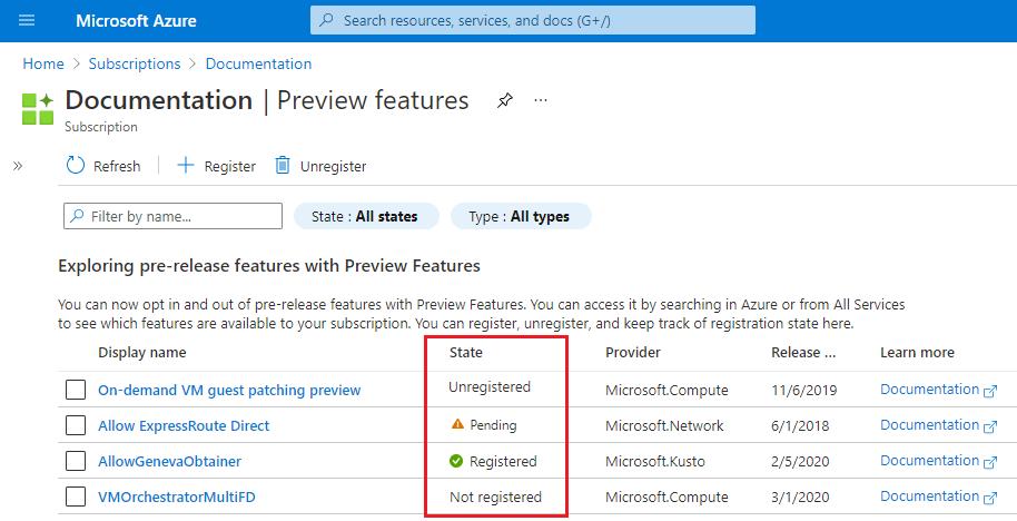 Snímek obrazovky se seznamem funkcí ve verzi Preview na webu Azure Portal