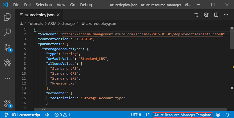 Snímek obrazovky editoru Visual Studio Code v režimu šablony Azure Resource Manageru