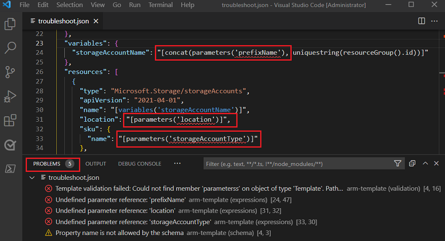 Snímek obrazovky editoru Visual Studio Code zobrazující kartu Problémy s nedefinovanými referenčními chybami parametrů pro oddíly variables a resources