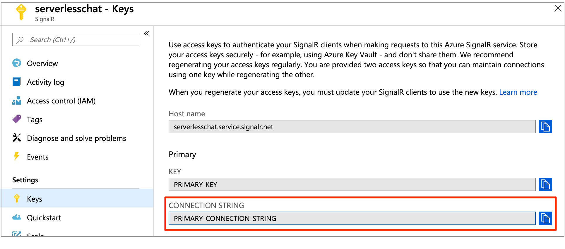 Snímek obrazovky se stránkou Klíče služby Azure SignalR