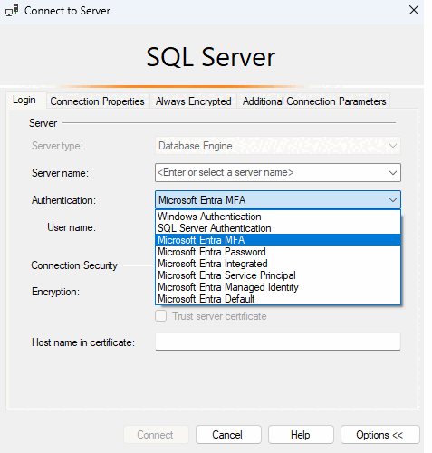 Snímek obrazovky s dialogovým oknem Připojit k serveru v nástroji SSMS V okně rozevíracího seznamu ověřování je vybrána možnost Microsoft Entra MFA.