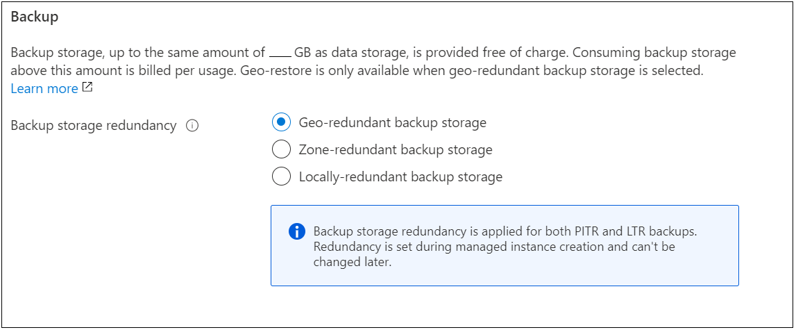 Snímek obrazovky s výběrem redundance úložiště zálohování na webu Azure Portal pro spravovanou instanci