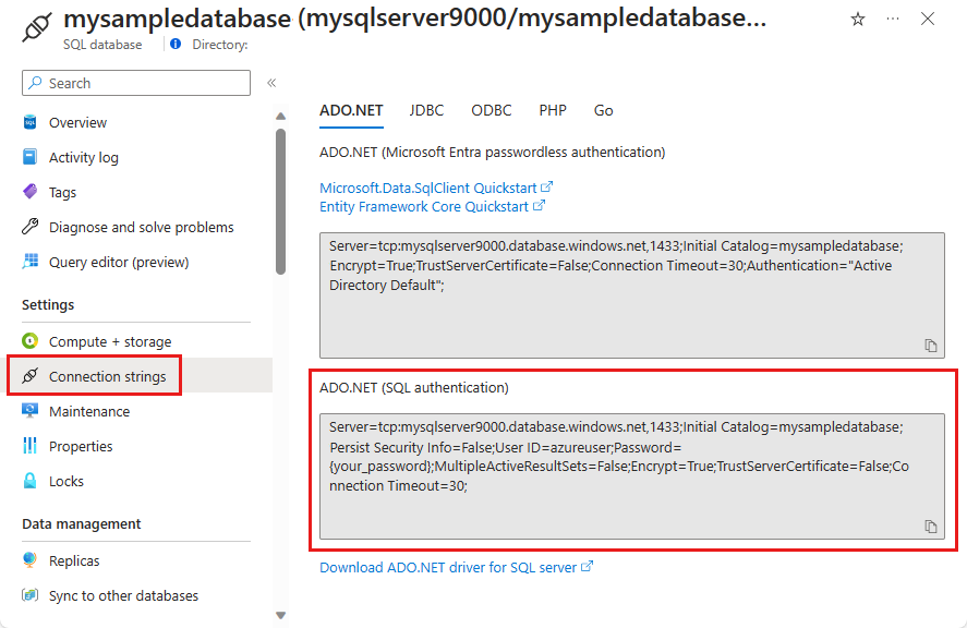 Snímek obrazovky znázorňující ADO.NET připojovací řetězec