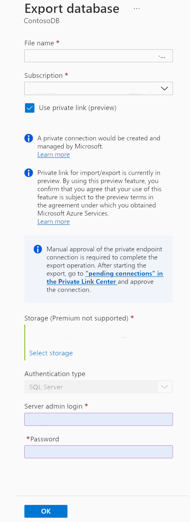 Snímek obrazovky webu Azure Portal, který ukazuje, jak povolit export služby Private Link