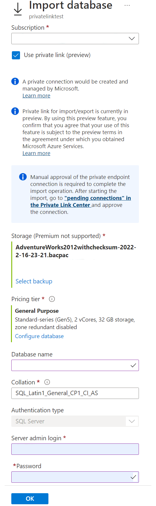 Snímek obrazovky webu Azure Portal, který ukazuje, jak povolit import private linku