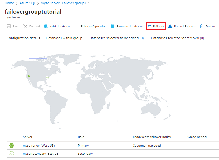 Snímek obrazovky se stránkou skupiny převzetí služeb při selhání na webu Azure Portal s vybraným převzetím služeb při selhání