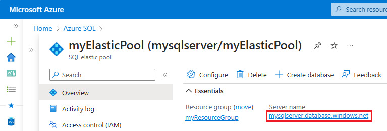 Snímek obrazovky s výběrem serveru pro elastický fond na webu Azure Portal