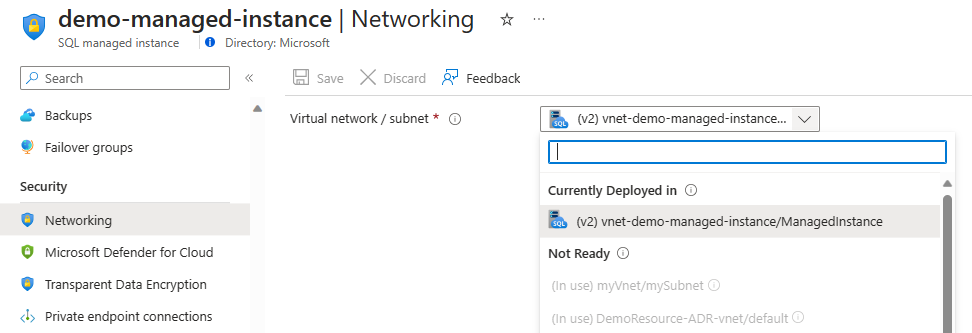 Snímek obrazovky s možnostmi podsítě spravované instance Azure SQL