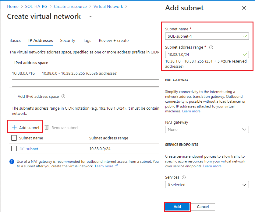 Pojmenujte svou první podsíť, například sql-subnet-1, a pak iterujte třetí oktet o 1, takže pokud je IP adresa vaší podsítě DC-subnet 10.5.0.0, měla by nová podsíť být 10.5.1.0.