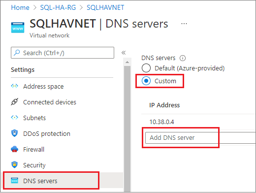  V podokně Nastavení vyberte servery DNS a pak vyberte Vlastní. Do pole IP adresa zadejte privátní IP adresu, kterou jste identifikovali dříve, například 10.38.0.4. 