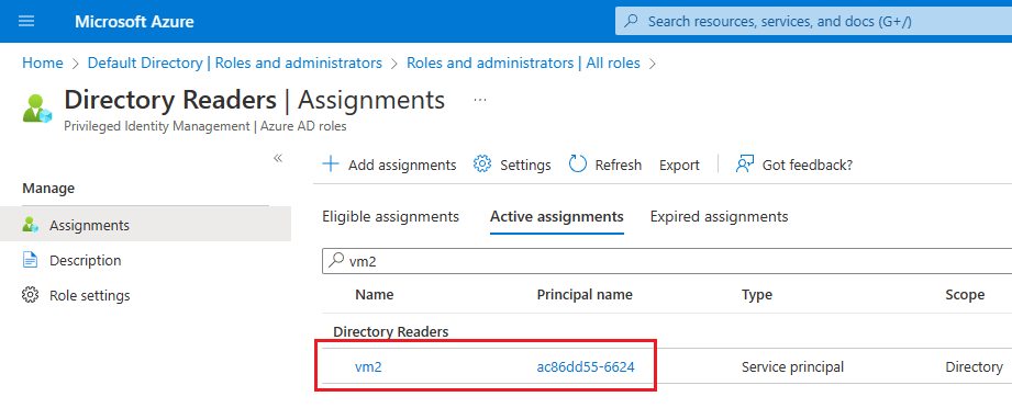 Snímek obrazovky se stránkou Čtenáři adresáře na webu Azure Portal zobrazující přiřazení virtuálního počítače přidaného do role