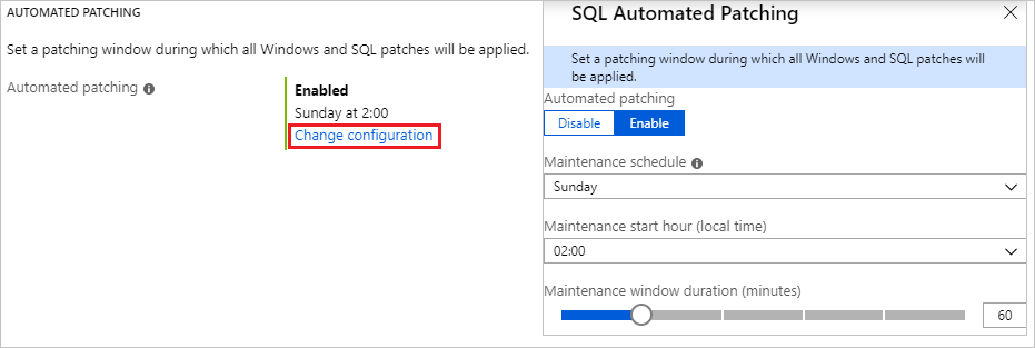 Snímek obrazovky z webu Azure Portal automatizované opravy virtuálního počítače SQL