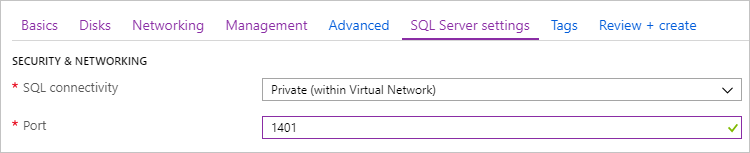 Snímek obrazovky webu Azure Portal se zabezpečením virtuálního počítače SQL