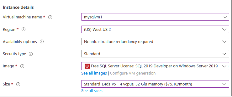 Snímek obrazovky webu Azure Portal s podrobnostmi instance pro nový virtuální počítač SQL