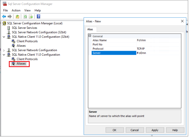 Nakonfigurujte název DNS DNN jako síťový alias pomocí nástroje SQL Server Configuration Manager.