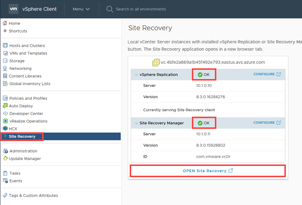 Snímek obrazovky zobrazující klienta vSphere se stavem instalace vSphere Replication a Site Recovery Manageru jako OK