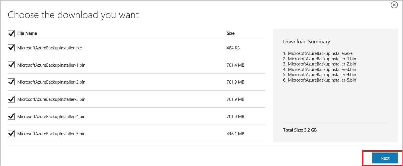 Snímek obrazovky znázorňující soubory Microsoft Azure Backup ke stažení