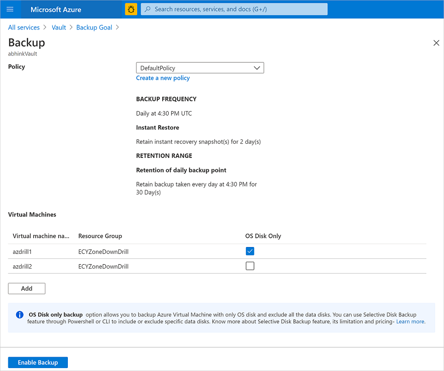 Configure backup for the OS disk only