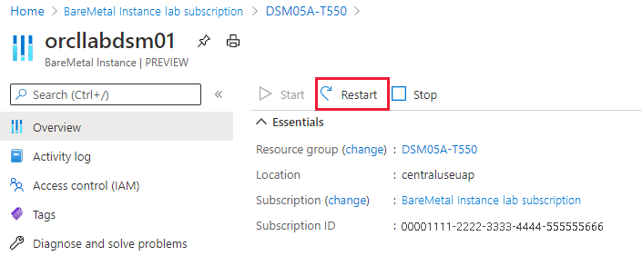 Snímek obrazovky s  restartováním tenanta Azure Large Instances