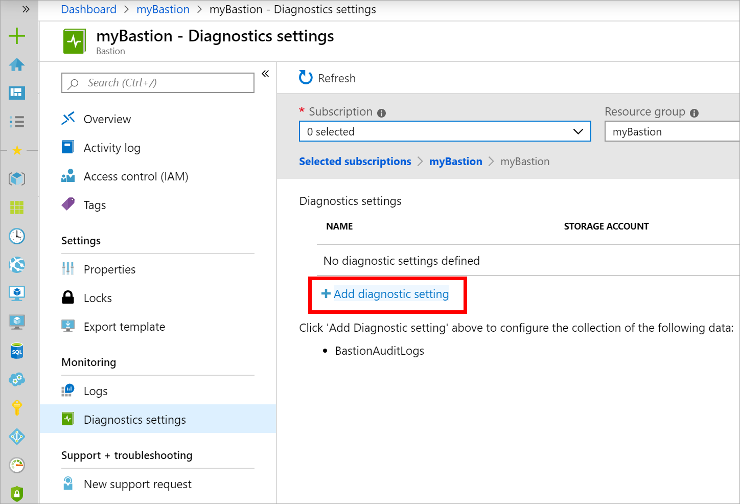 Snímek obrazovky se stránkou Nastavení diagnostiky s vybraným tlačítkem Přidat nastavení diagnostiky