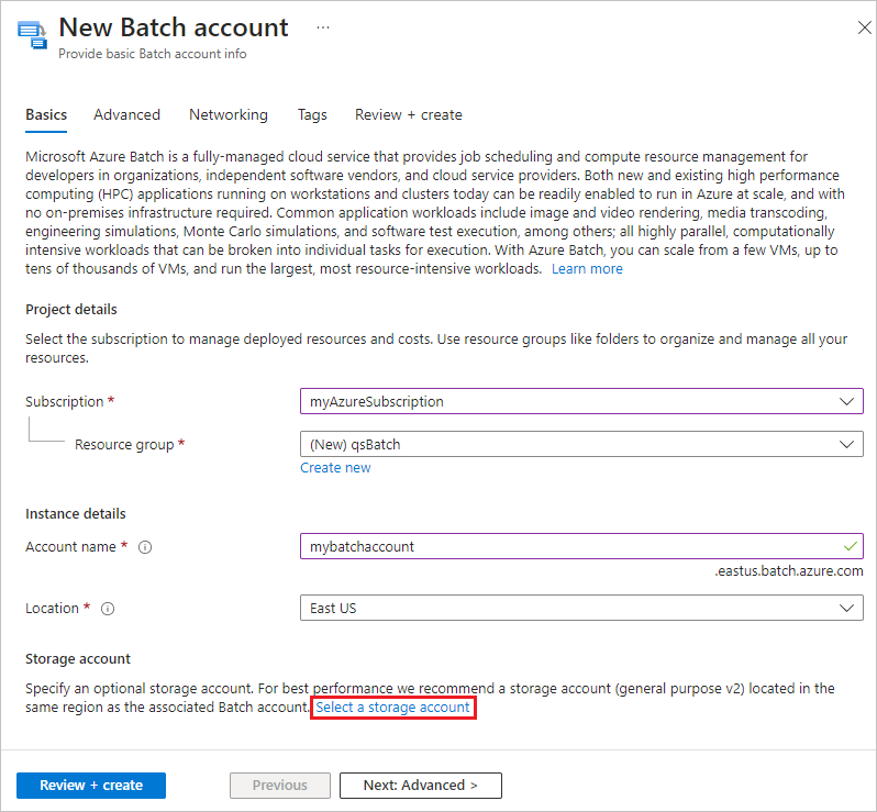 Snímek obrazovky se stránkou Nový účet Batch na webu Azure Portal