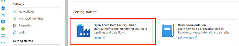 Snímek obrazovky, který ukazuje, jak otevřít Azure Data Factory Studio