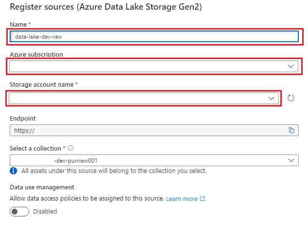 Snímek obrazovky znázorňující podokno Registrace Azure Data Lake Storage Gen2 se zvýrazněnými hodnotami