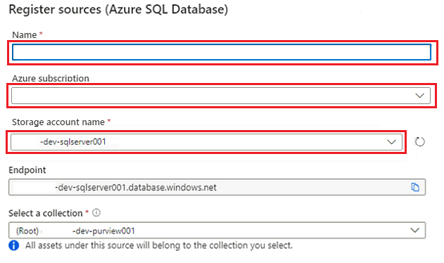 Snímek obrazovky znázorňující formulář Pro registraci služby SQL Database se zvýrazněnými hodnotami