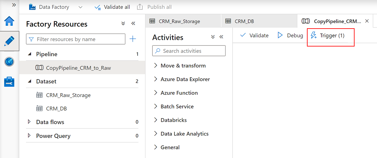 Snímek obrazovky, který ukazuje, jak pomocí nástroje triggeru kopírovat data z SQL Database do Data Lake Storage Gen2