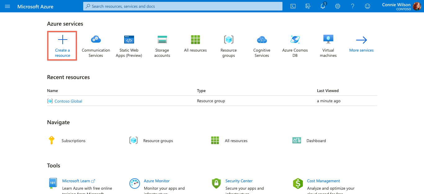 Snímek obrazovky se zvýrazněným tlačítkem Vytvořit prostředek na webu Azure Portal