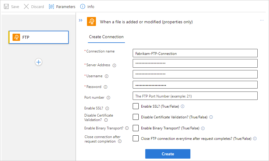 Screenshot shows Standard workflow designer, FTP managed connector trigger, and connection profile.