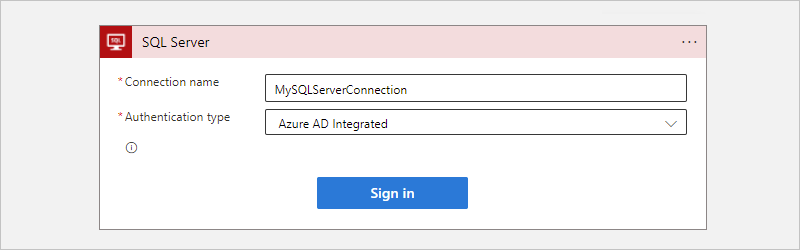 Snímek obrazovky znázorňující informace o cloudovém připojení k webu Azure Portal, pracovním postupu Consumption a SQL Serveru s vybraným typem ověřování