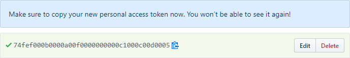 Snímek obrazovky s vygenerovaným tokenem PAT na GitHubu