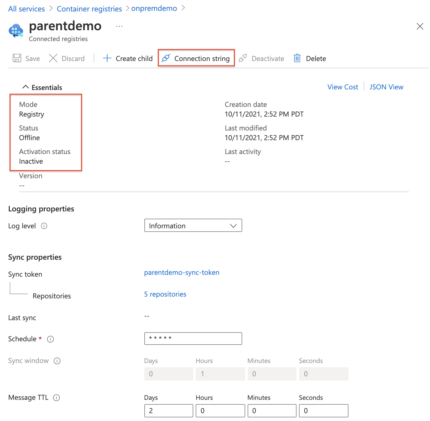 Zobrazení vlastností připojeného registru