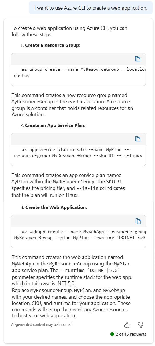 Snímek obrazovky Microsoft Copilotu v Azure s příkazy Azure CLI pro vytvoření webové aplikace