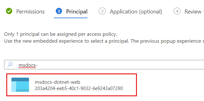 Snímek obrazovky spravované identity webové aplikace přiřazené k oprávnění