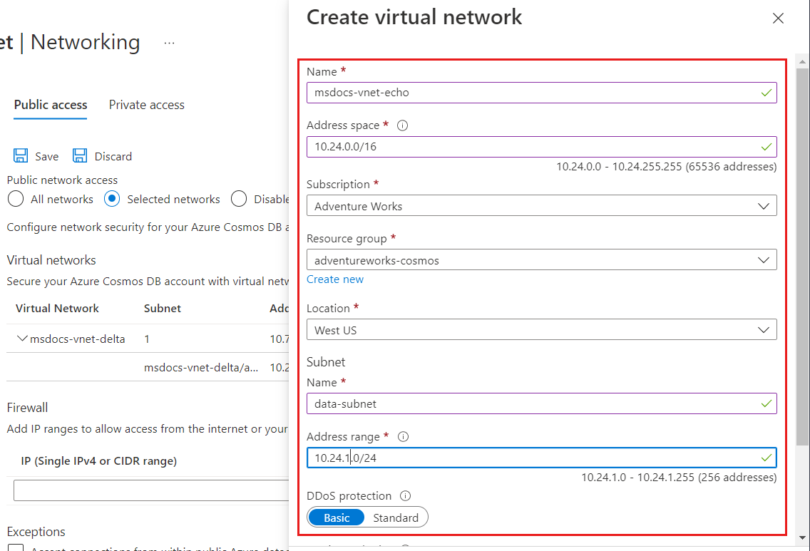 Snímek obrazovky dialogového okna pro vytvoření nové virtuální sítě Azure, konfiguraci podsítě a povolení koncového bodu služby Azure Cosmos DB