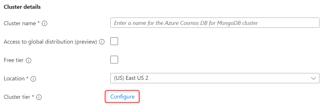 Snímek obrazovky s možností Konfigurovat cluster pro nový cluster Azure Cosmos DB pro MongoDB