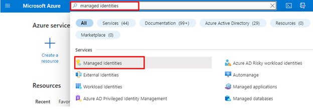 Snímek obrazovky se spravovanými identitami na webu Azure Portal