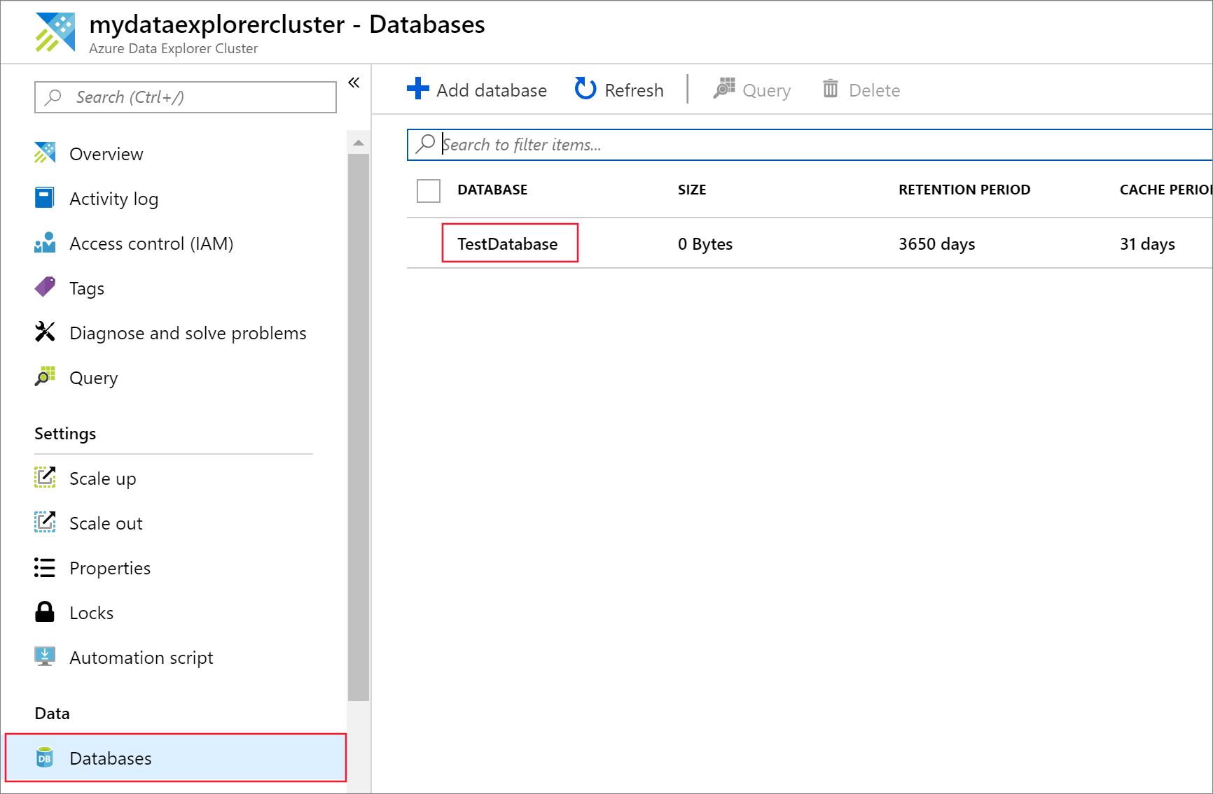 Snímek obrazovky s nabídkou Webového uživatelského rozhraní Azure Data Exploreru, která zobrazuje vybranou položku Testovací databáze