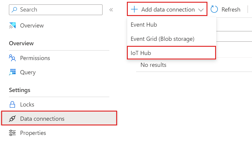 Snímek obrazovky webového uživatelského rozhraní Azure Data Explorer zobrazující okno Příjem dat s vybranou kartou Přidat datové připojení