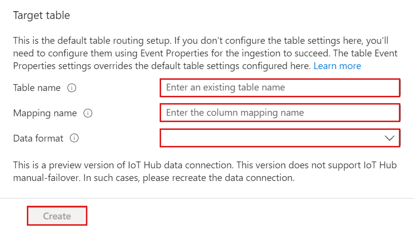 Snímek obrazovky webového uživatelského rozhraní Azure Data Explorer zobrazující výchozí nastavení směrování ve formuláři Cílová tabulka