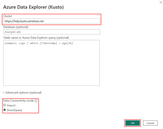 Snímek obrazovky okna připojení Azure Data Explorer (Kusto) s adresou URL clusteru nápovědy s vybranou možností DirectQuery