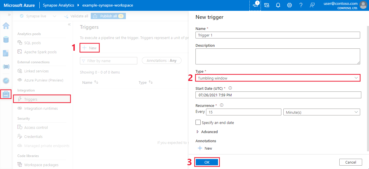 Snímek obrazovky znázorňující vytvoření triggeru pro přeskakující okno na webu Azure Portal ve službě Azure Synapse