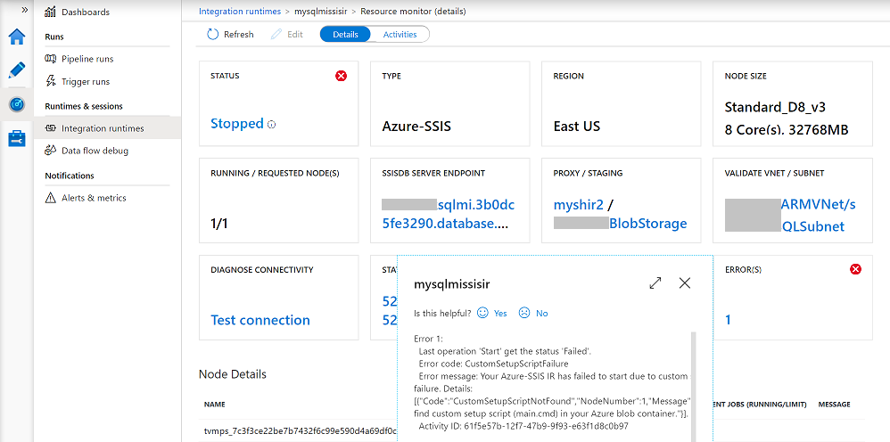 Monitorování prostředí Azure-SSIS IR – dlaždice CHYBA