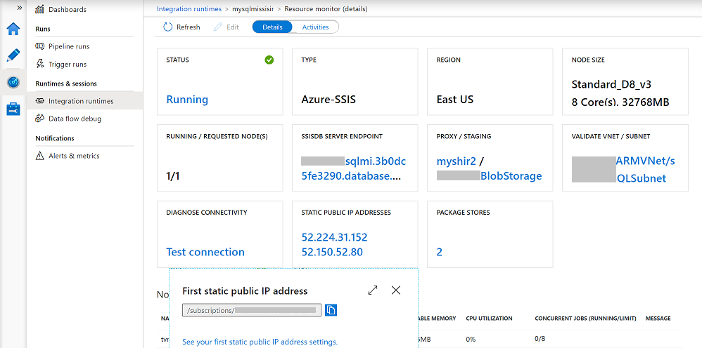 Monitorování prostředí Azure-SSIS IR – statická dlaždice