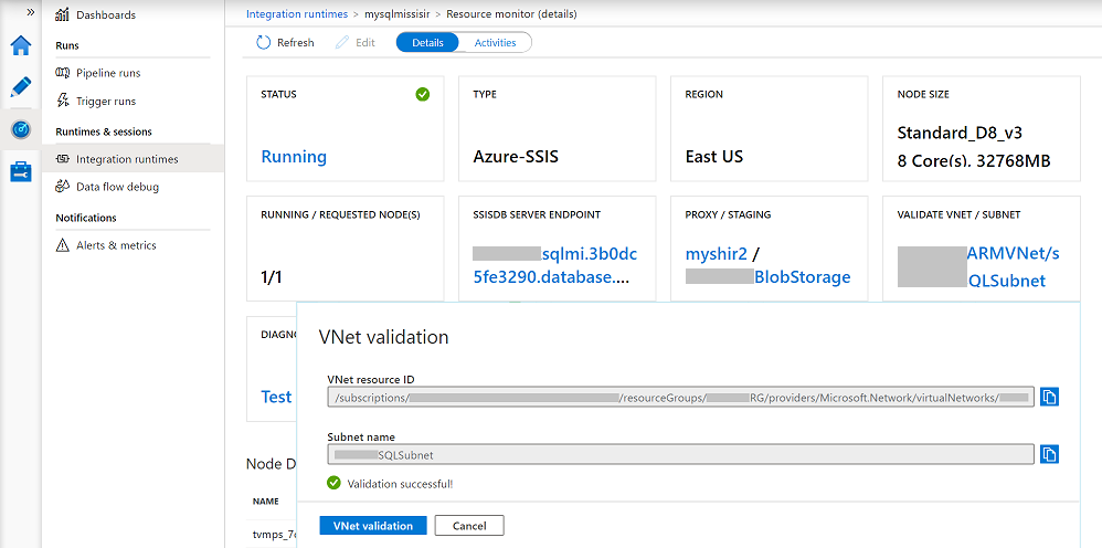 Monitorování prostředí Azure-SSIS IR – dlaždice VALIDATE