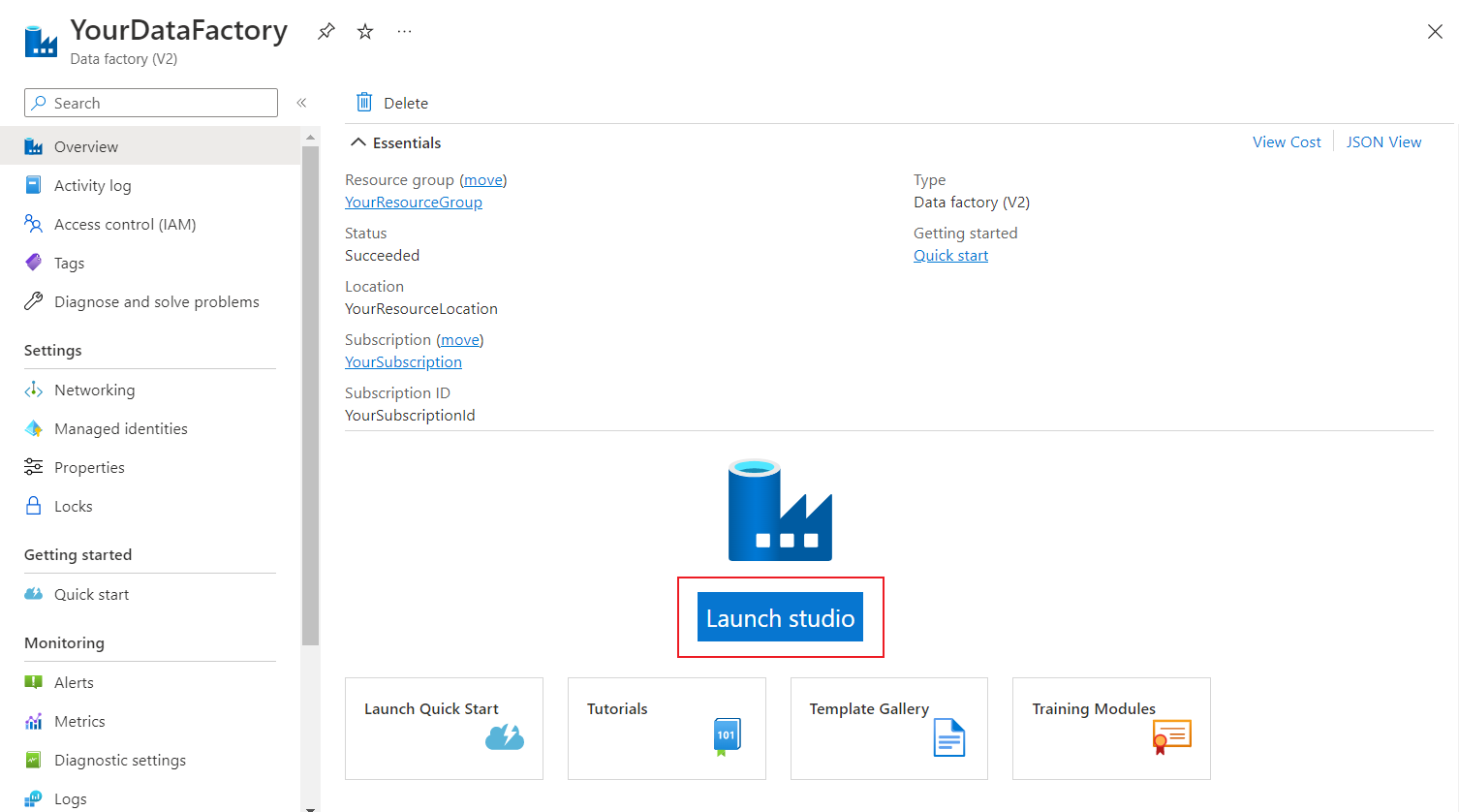 Snímek obrazovky webu Azure Portal na nově vytvořené stránce datové továrny se zvýrazněným umístěním tlačítka Otevřít Azure Data Factory Studio